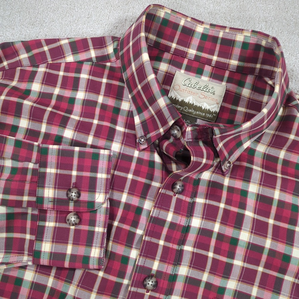 Cabelas Outfitter Series Mens Large Tall Burgundy Plaid Cotton Button Down Shirt